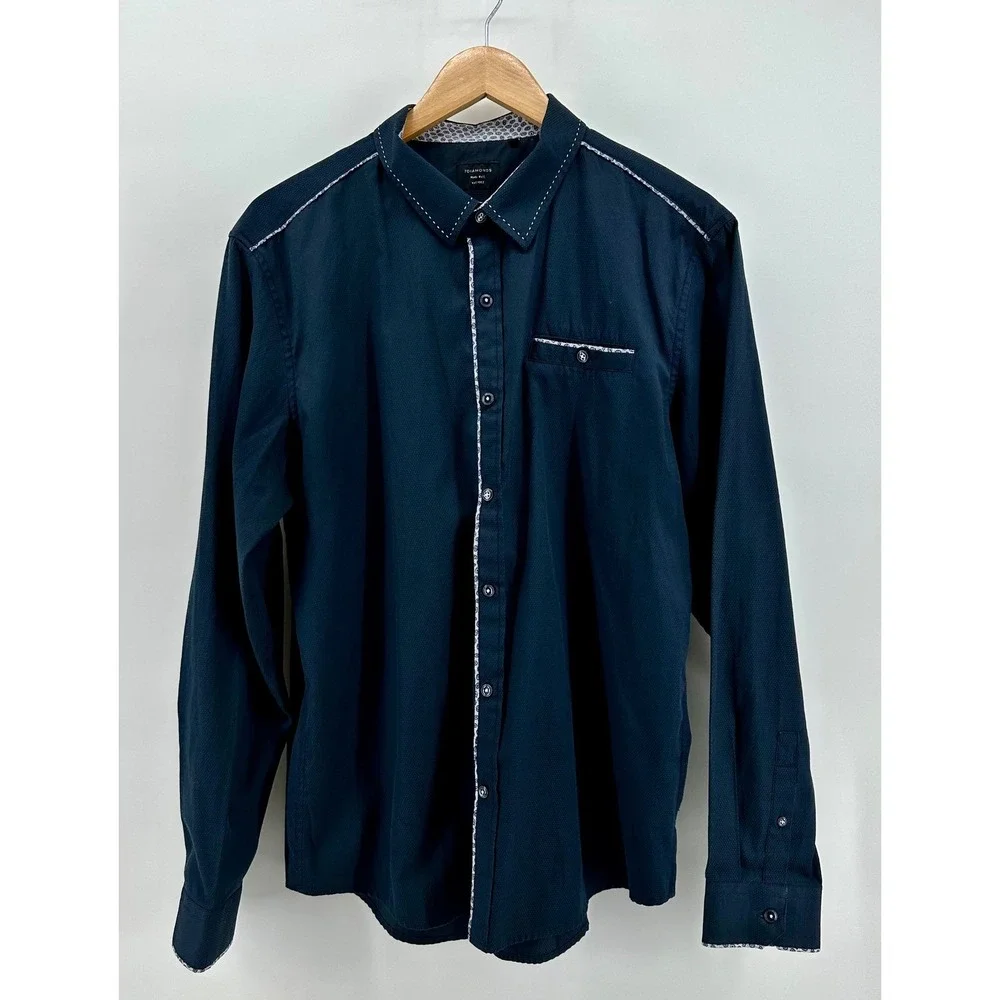 7 DIAMONDS Mens XL Dark Blue Textured Dress‎ Shirt Long Sleeve Button Up